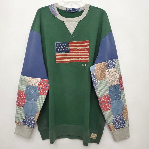 Polo Ralph Lauren Flag Patchwork-Sleeve Fleece Sweatshirt Verano Green 2XLT - Picture 2 of 16